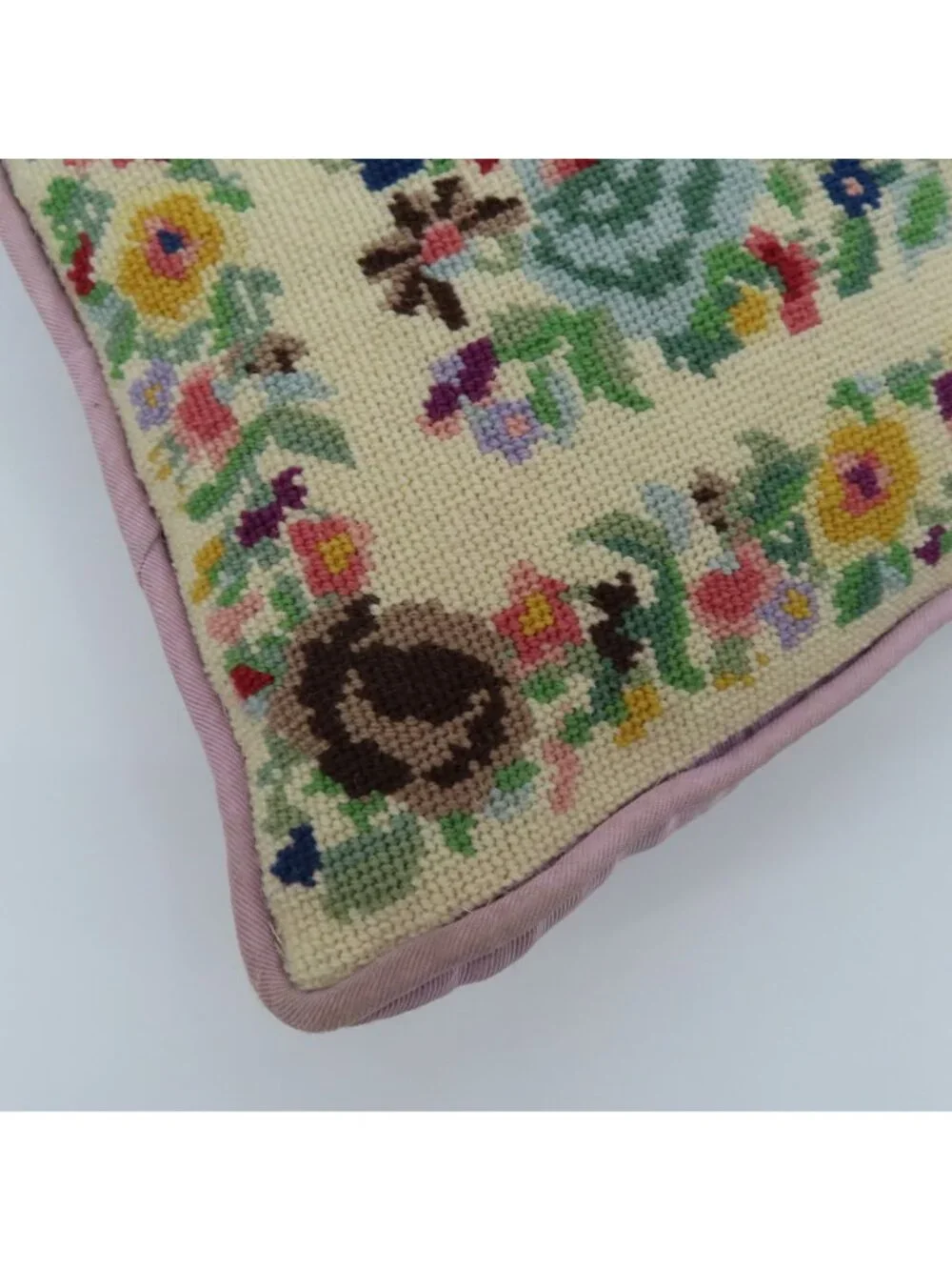 Handmade Multicolor Flower Floral Needlepoint Purple Back Throw Accent Pillow